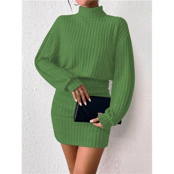 Women's Pullover Sweater Dress Turtle Neck Cute Green2 - Picture 3 of 5